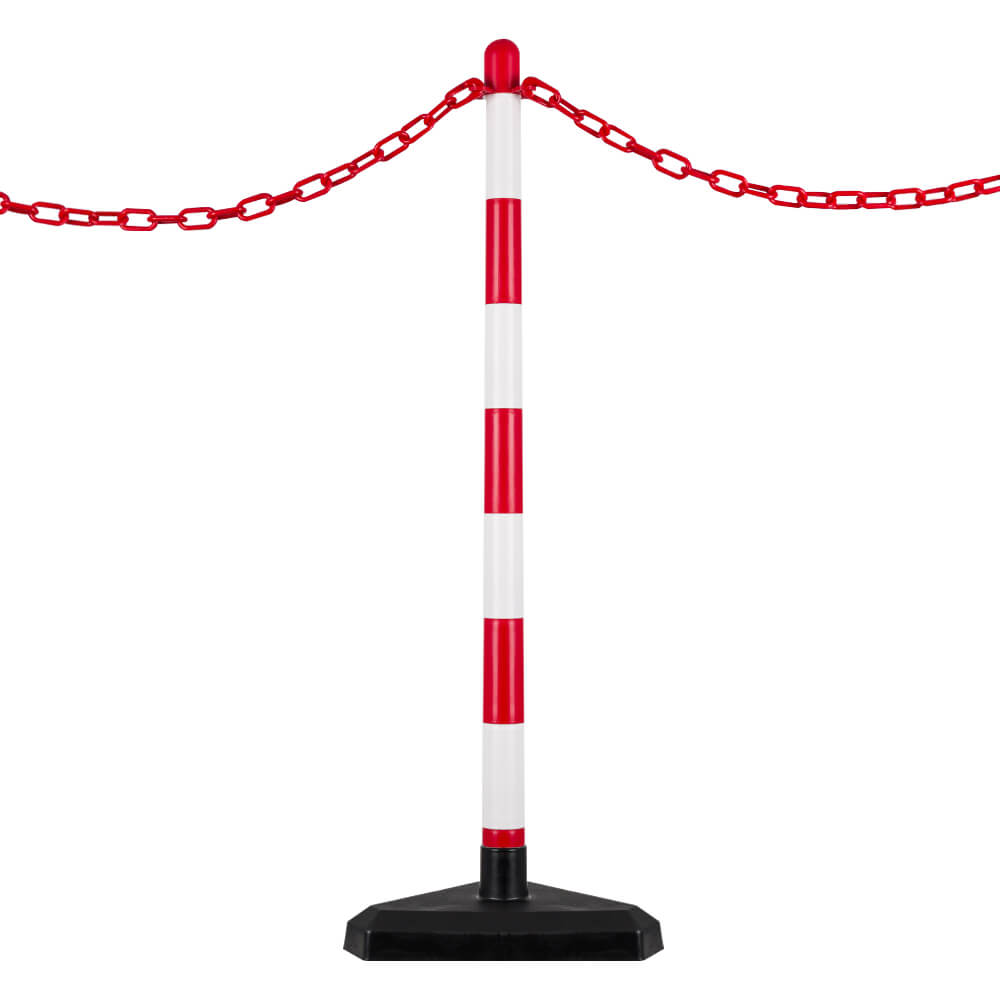 TMS PRO SHOP Kettenpfostenset UNI Dreieck – 6 Stück Rot/weiß, 10 M Absperrkette, Zementgefüllte Füße, Für Innen & Temporären Außenbereich
