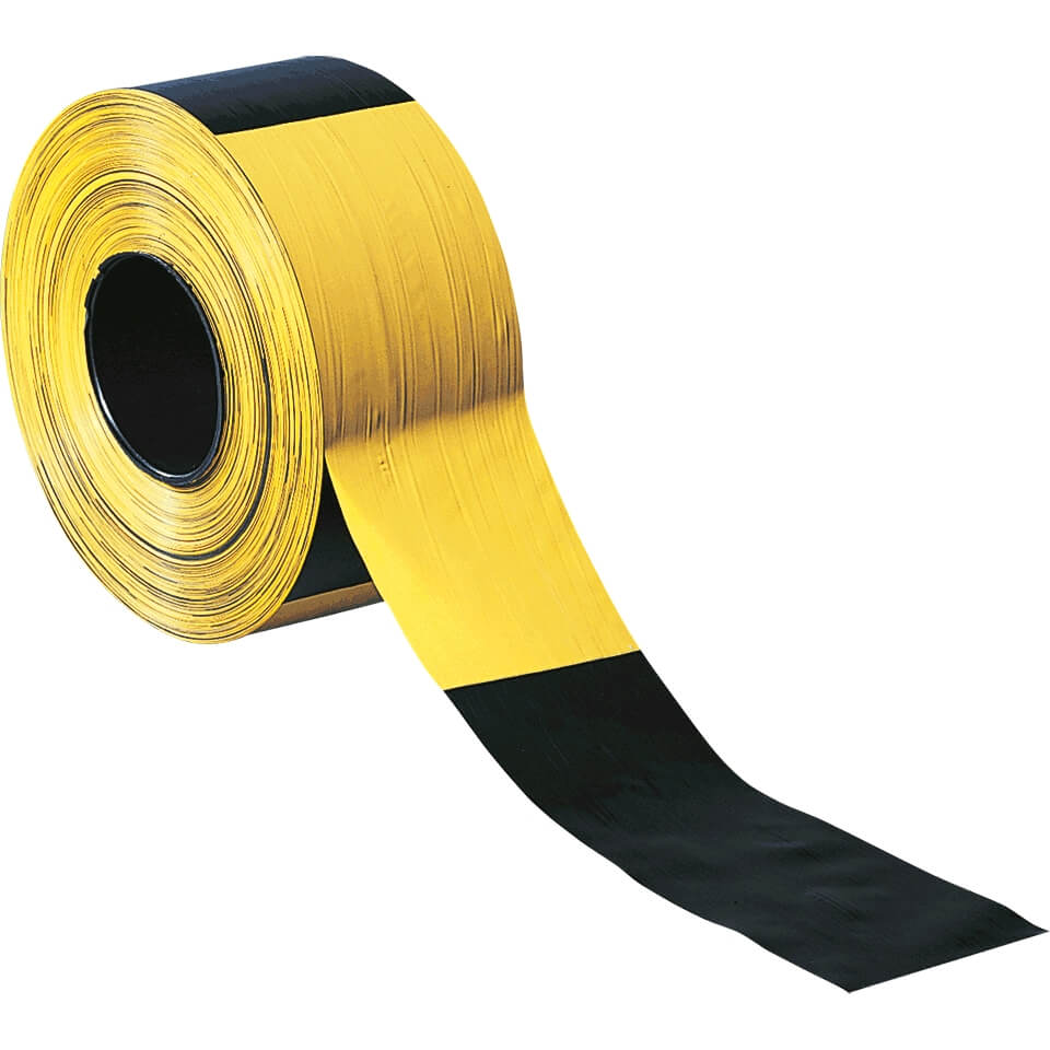 Absperrband aus PE auf Rolle, Abrollkarton, schwarz/gelb geblockt, 500 m